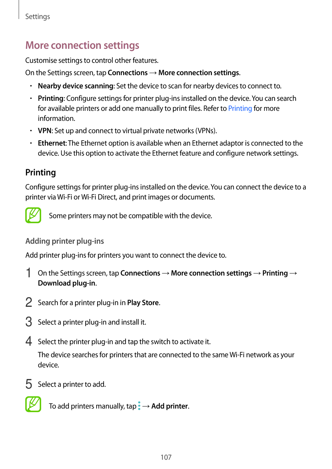 Samsung SM2T555NZWAXEZ, SM-T555NZKAAUT, SM-T555NZKAATO, SM-T555NZKASEB, SM-T555NZKATPH More connection settings, Printing 