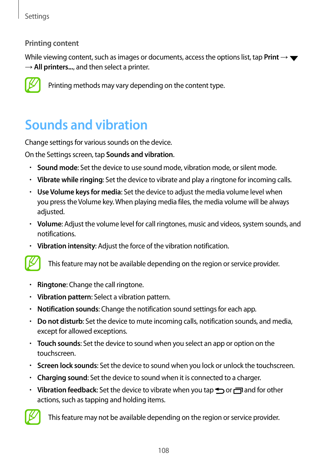 Samsung SM2T555NZKAXSK, SM-T555NZKAAUT, SM-T555NZKAATO, SM-T555NZKASEB, SM-T555NZKATPH Sounds and vibration, Printing content 