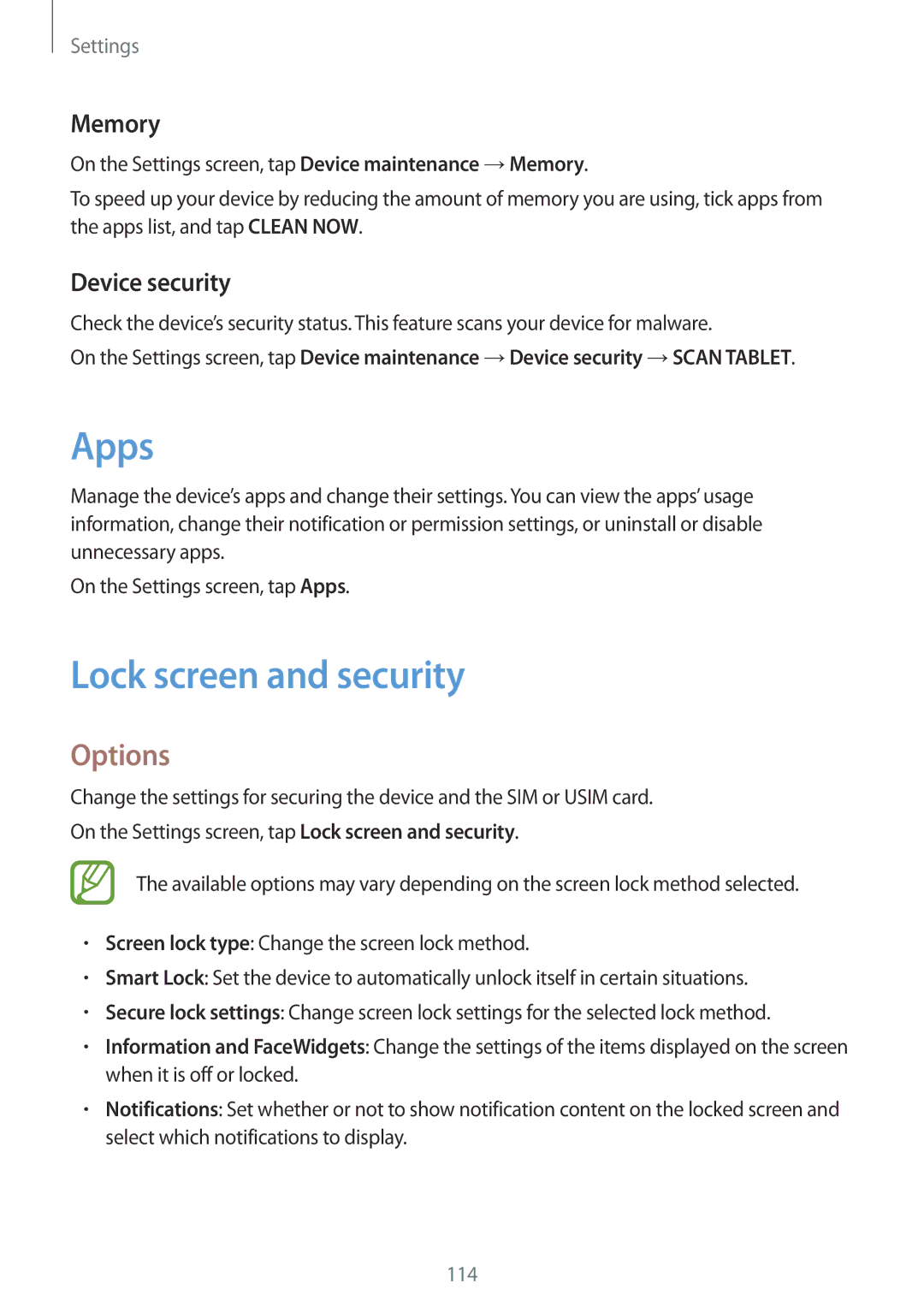 Samsung SM-T555NZWAXEH, SM-T555NZKAAUT, SM-T555NZKAATO manual Apps, Lock screen and security, Memory, Device security 