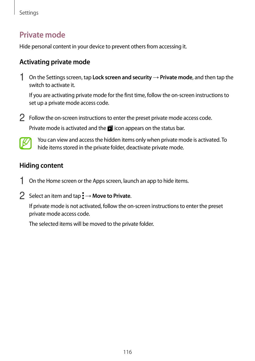 Samsung SM-T555NZKASWC, SM-T555NZKAAUT, SM-T555NZKAATO, SM-T555NZKASEB Private mode, Activating private mode, Hiding content 