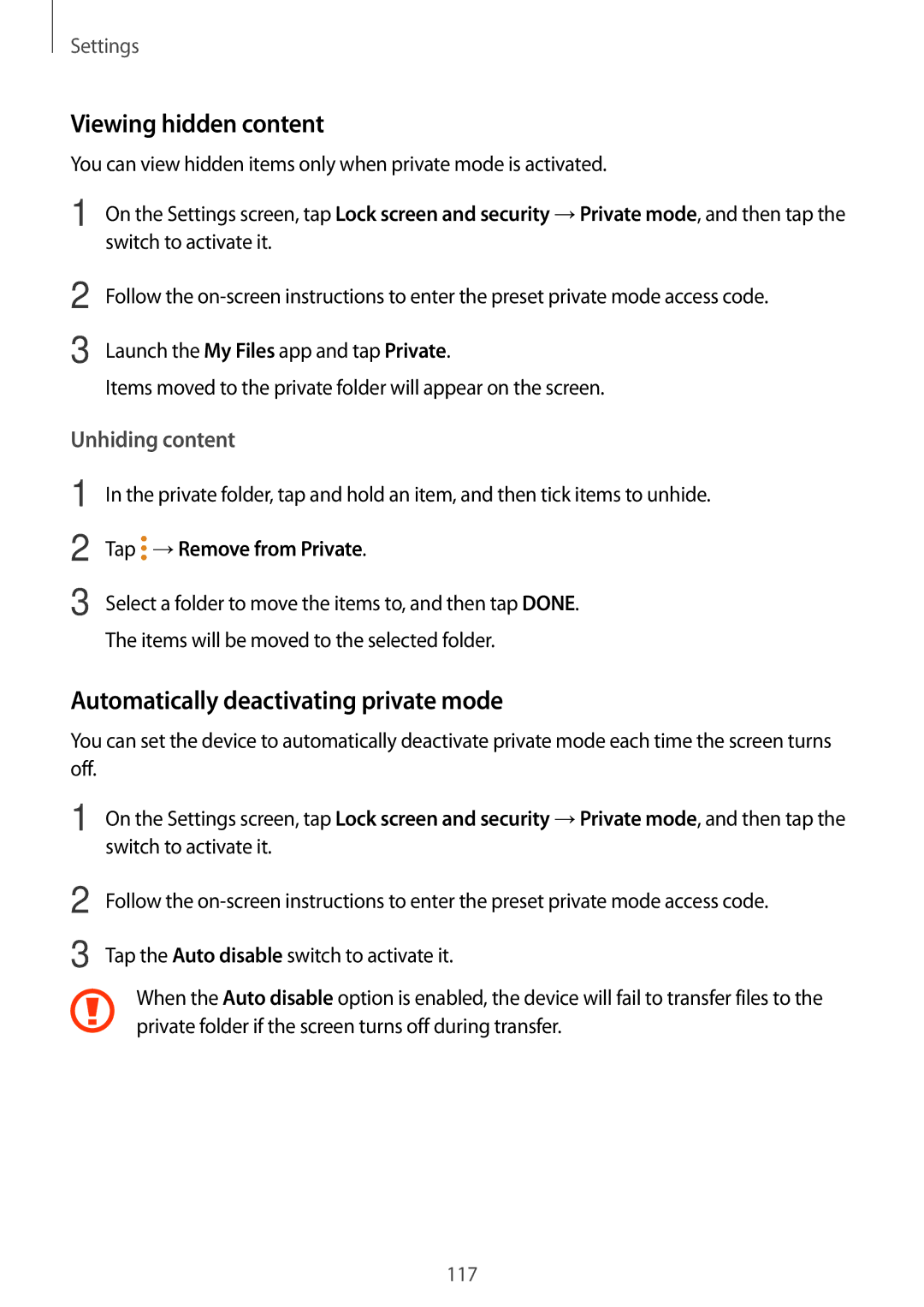 Samsung SM2T555NZWATMZ manual Viewing hidden content, Automatically deactivating private mode, Tap →Remove from Private 