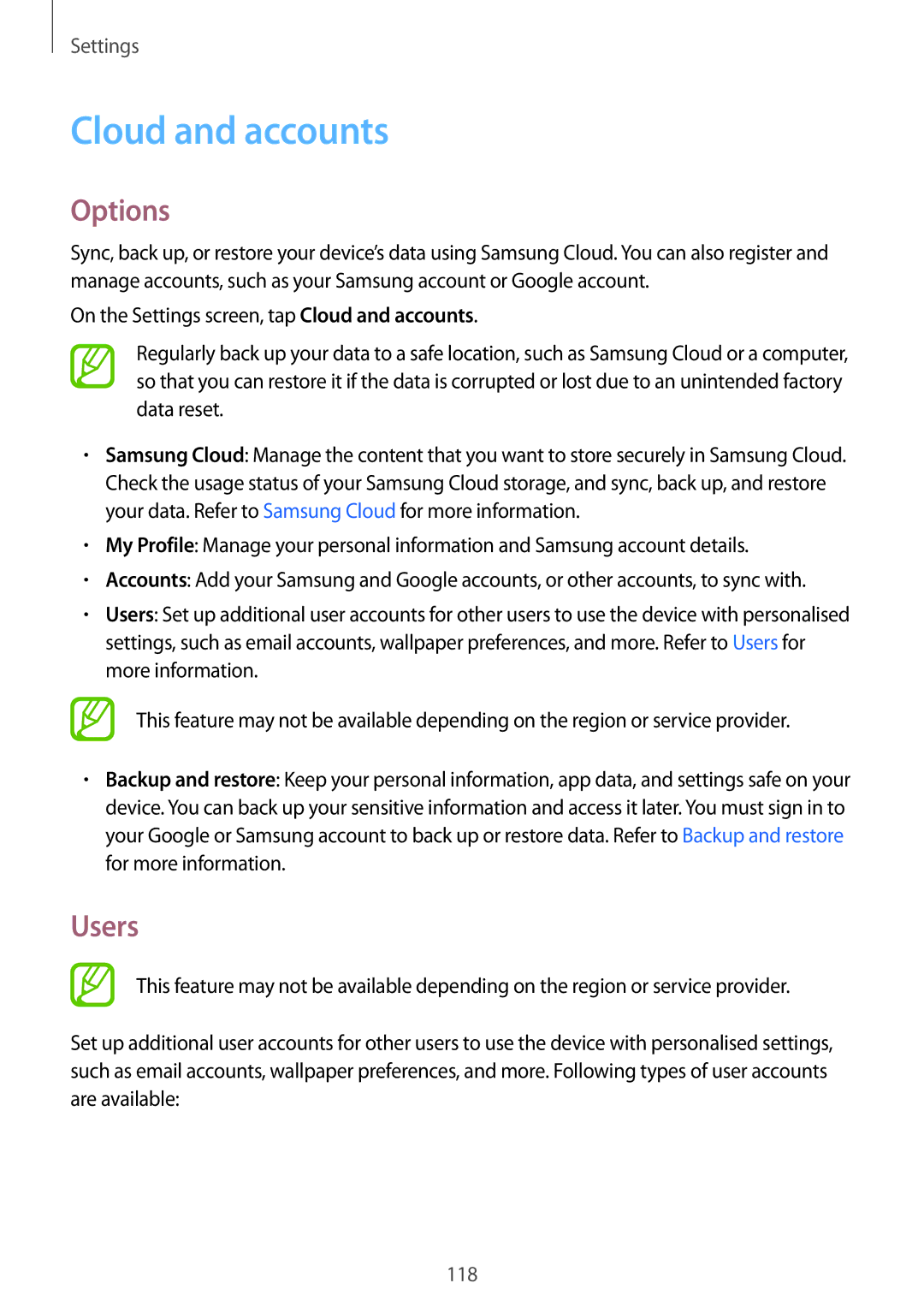 Samsung SM2T555NZKAXEZ, SM-T555NZKAAUT, SM-T555NZKAATO, SM-T555NZKASEB, SM-T555NZKATPH manual Cloud and accounts, Users 