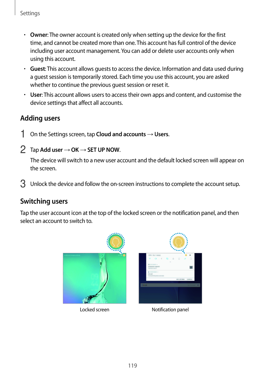 Samsung SM2T555NZKAO2C, SM-T555NZKAAUT, SM-T555NZKAATO manual Adding users, Switching users, Tap Add user →OK →SET UP NOW 