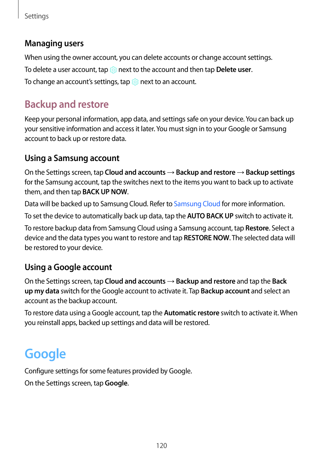 Samsung SM-T555NZWATMZ manual Backup and restore, Managing users, Using a Samsung account, Using a Google account 