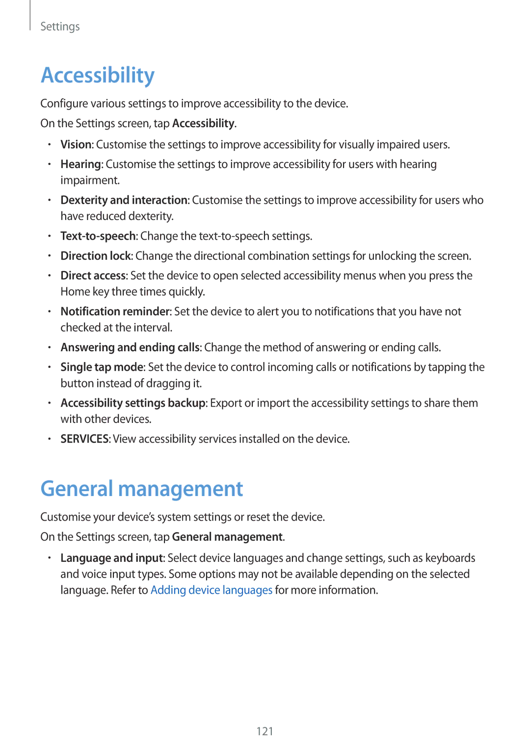 Samsung SM-T555NZWATMS, SM-T555NZKAAUT, SM-T555NZKAATO, SM-T555NZKASEB, SM-T555NZKATPH manual Accessibility, General management 