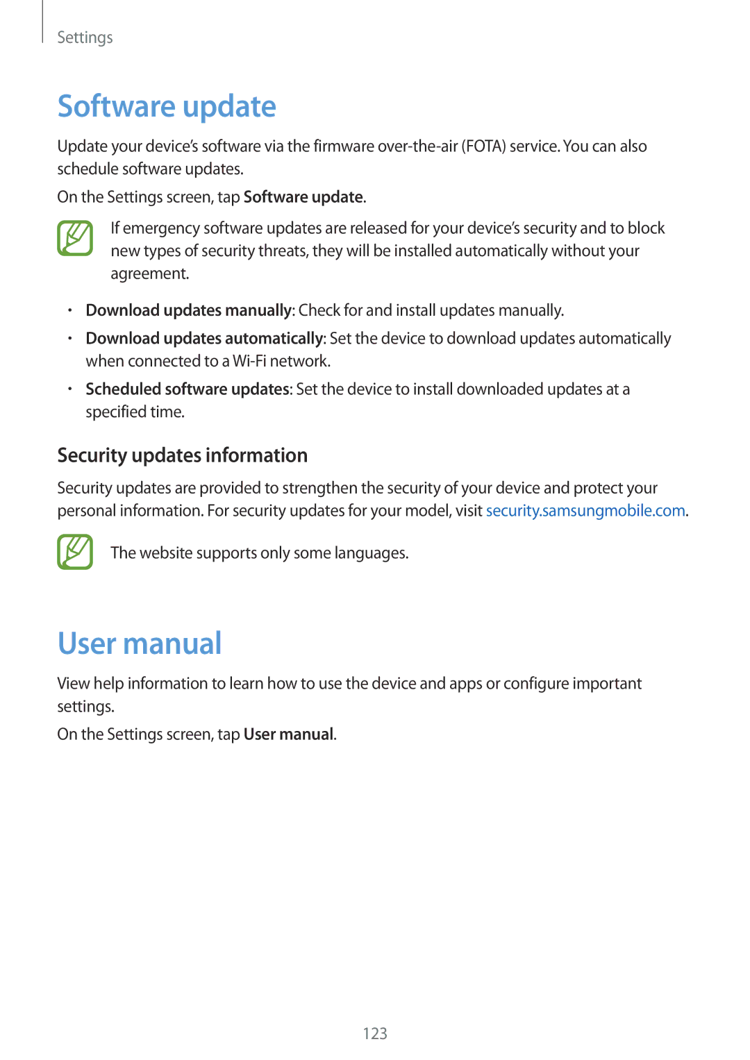 Samsung SM-T555NZKAVDH, SM-T555NZKAAUT, SM-T555NZKAATO, SM-T555NZKASEB manual Software update, Security updates information 