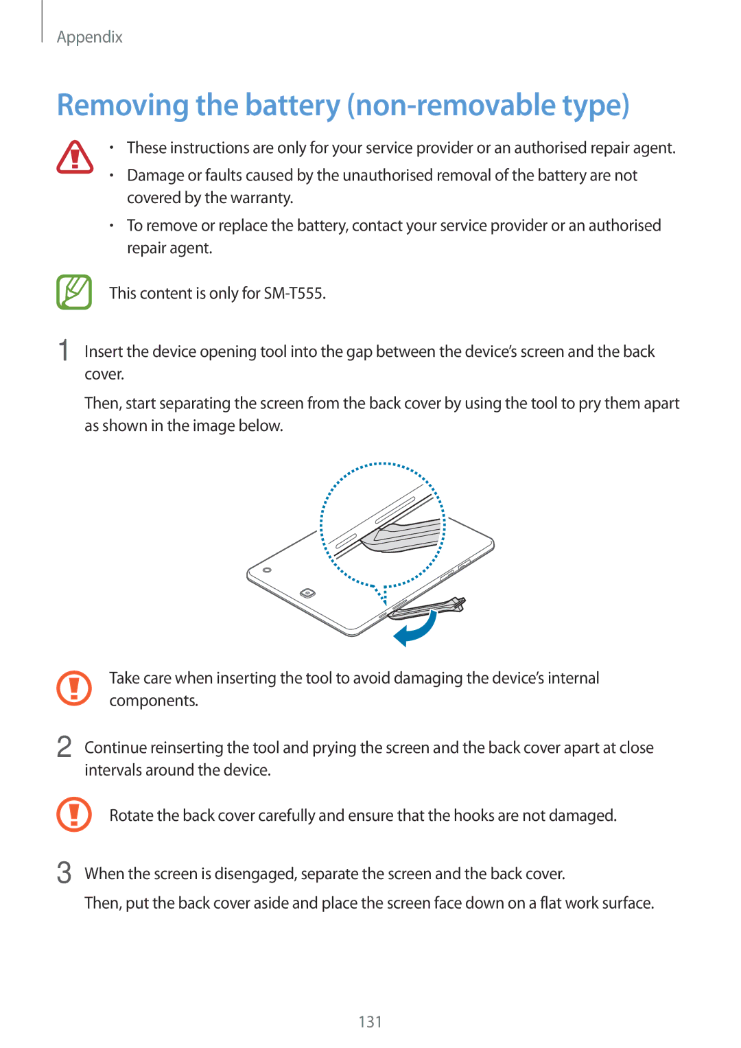 Samsung SM-T555NZKAATO, SM-T555NZKAAUT, SM-T555NZKASEB, SM-T555NZKATPH manual Removing the battery non-removable type 