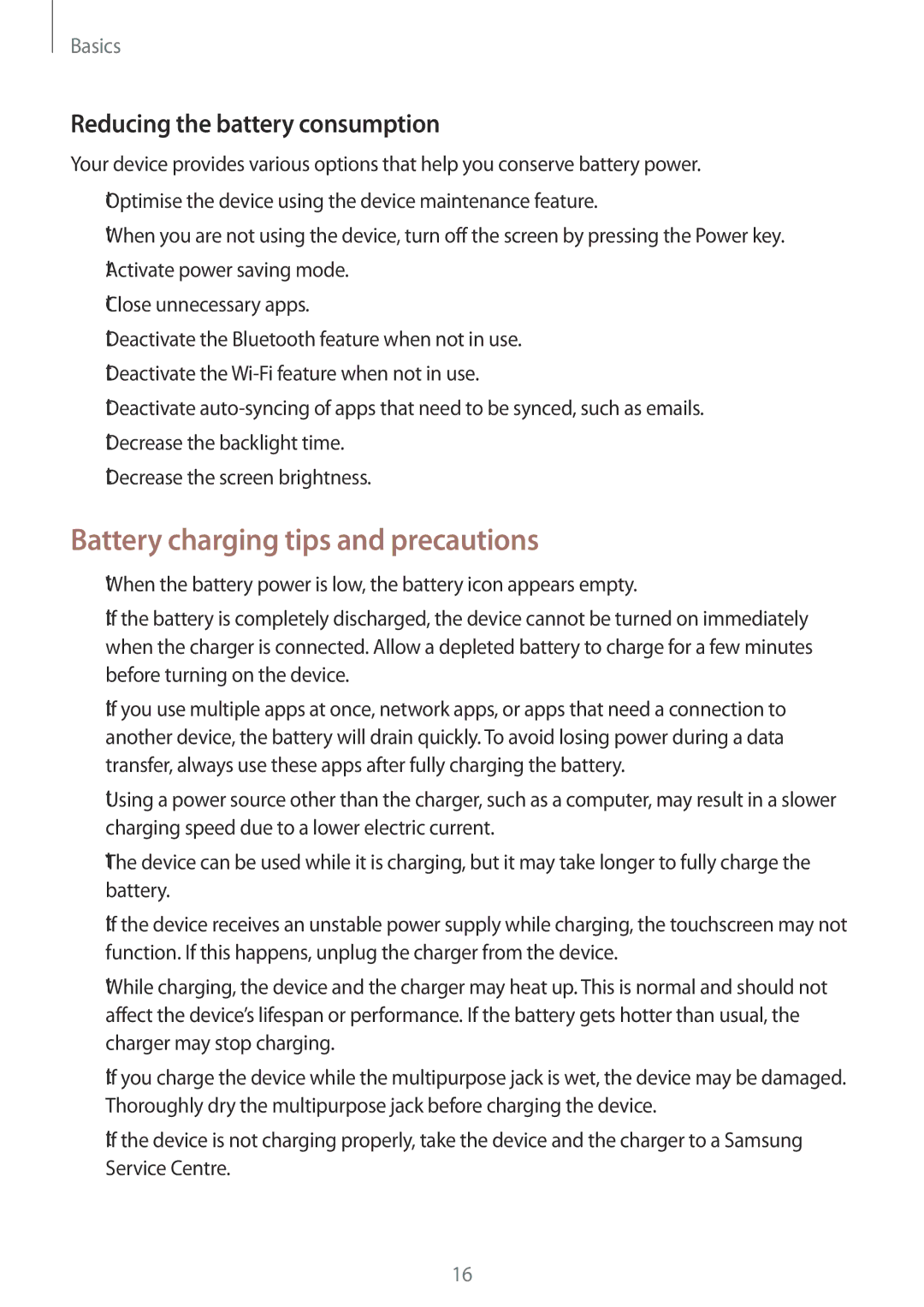 Samsung SM-T555NZKABTU, SM-T555NZKAAUT manual Battery charging tips and precautions, Reducing the battery consumption 