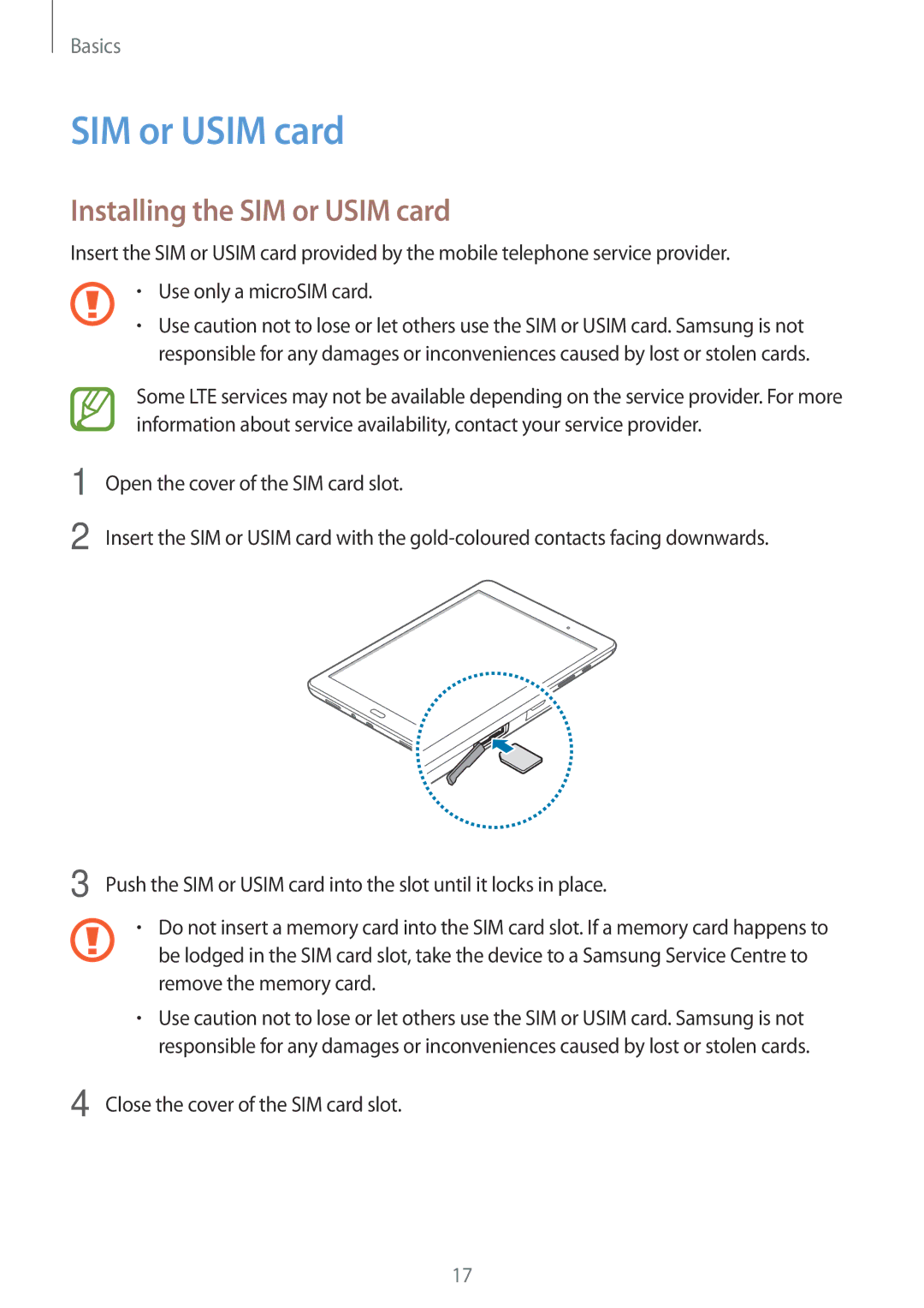 Samsung SM-T555NZWACOS, SM-T555NZKAAUT, SM-T555NZKAATO, SM-T555NZKASEB, SM-T555NZKATPH Installing the SIM or Usim card 