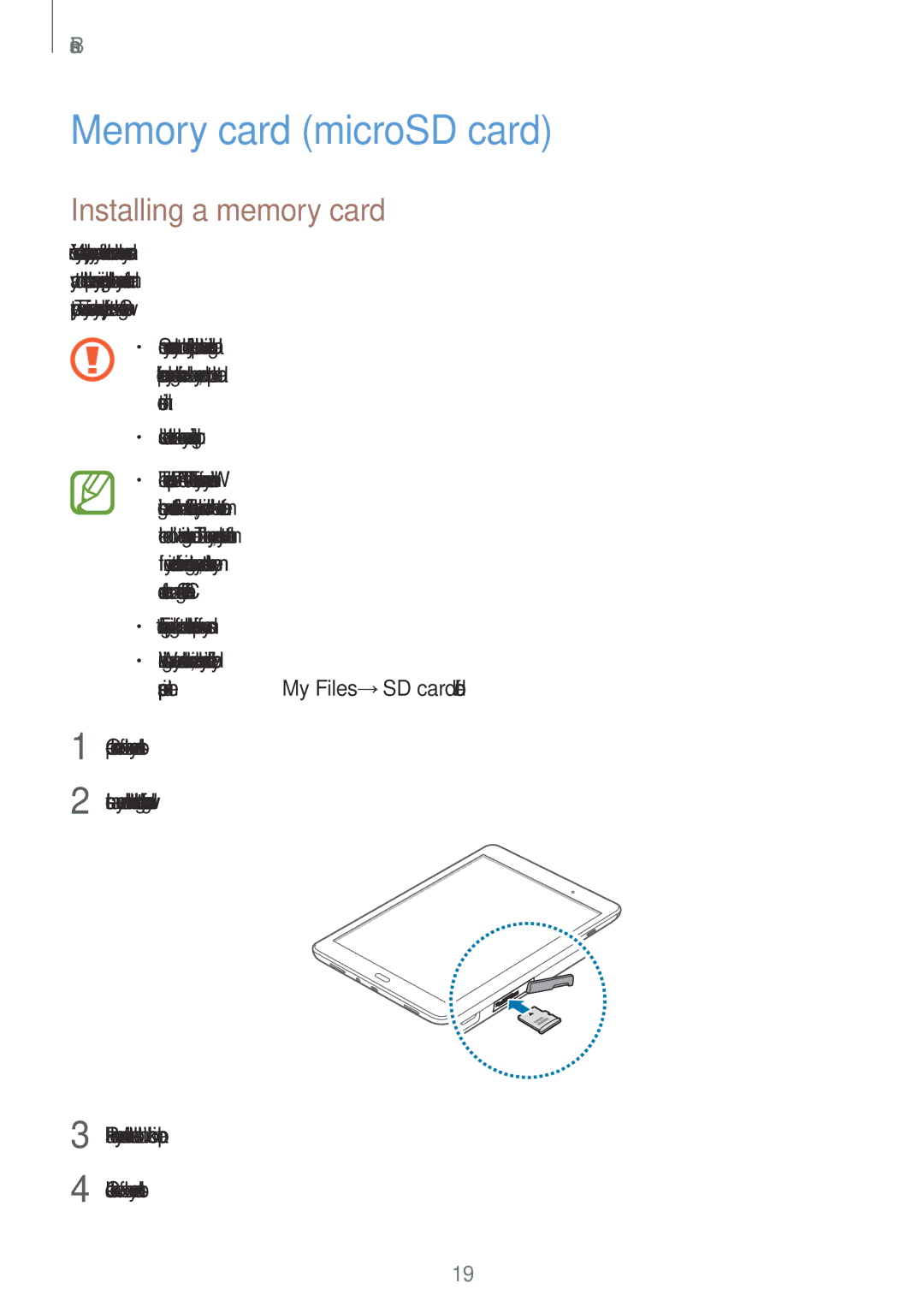 Samsung SM-T555NZKAITV, SM-T555NZKAAUT, SM-T555NZKAATO, SM-T555NZKASEB Memory card microSD card, Installing a memory card 