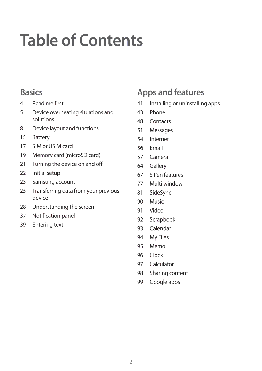 Samsung SM-T555NZKASEB, SM-T555NZKAAUT, SM-T555NZKAATO, SM-T555NZKATPH, SM-T555NZWAATO, SM-T555NZWAEUR manual Table of Contents 