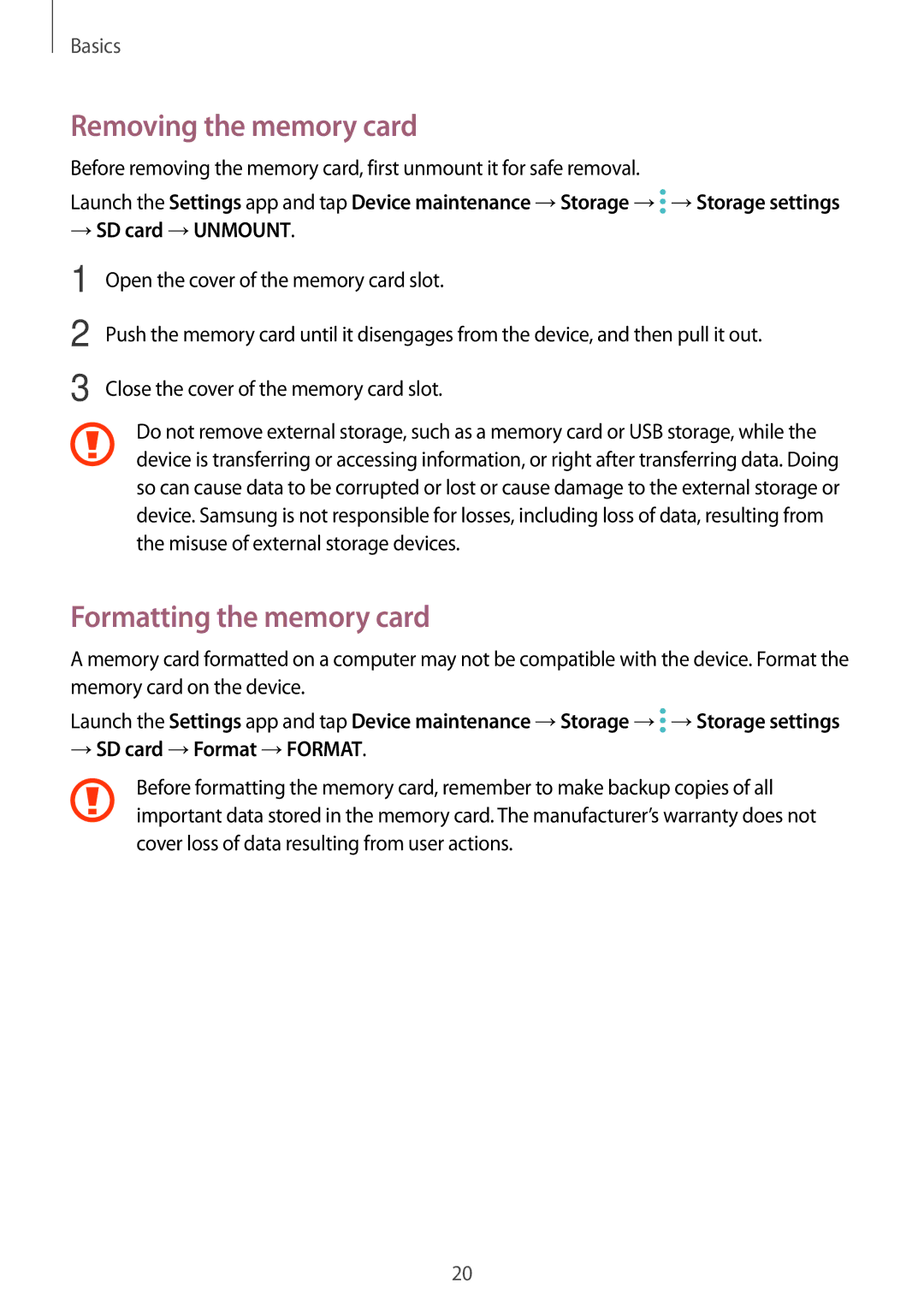 Samsung SM-T555NZAAITV Removing the memory card, Formatting the memory card, → SD card →UNMOUNT, → SD card →Format →FORMAT 