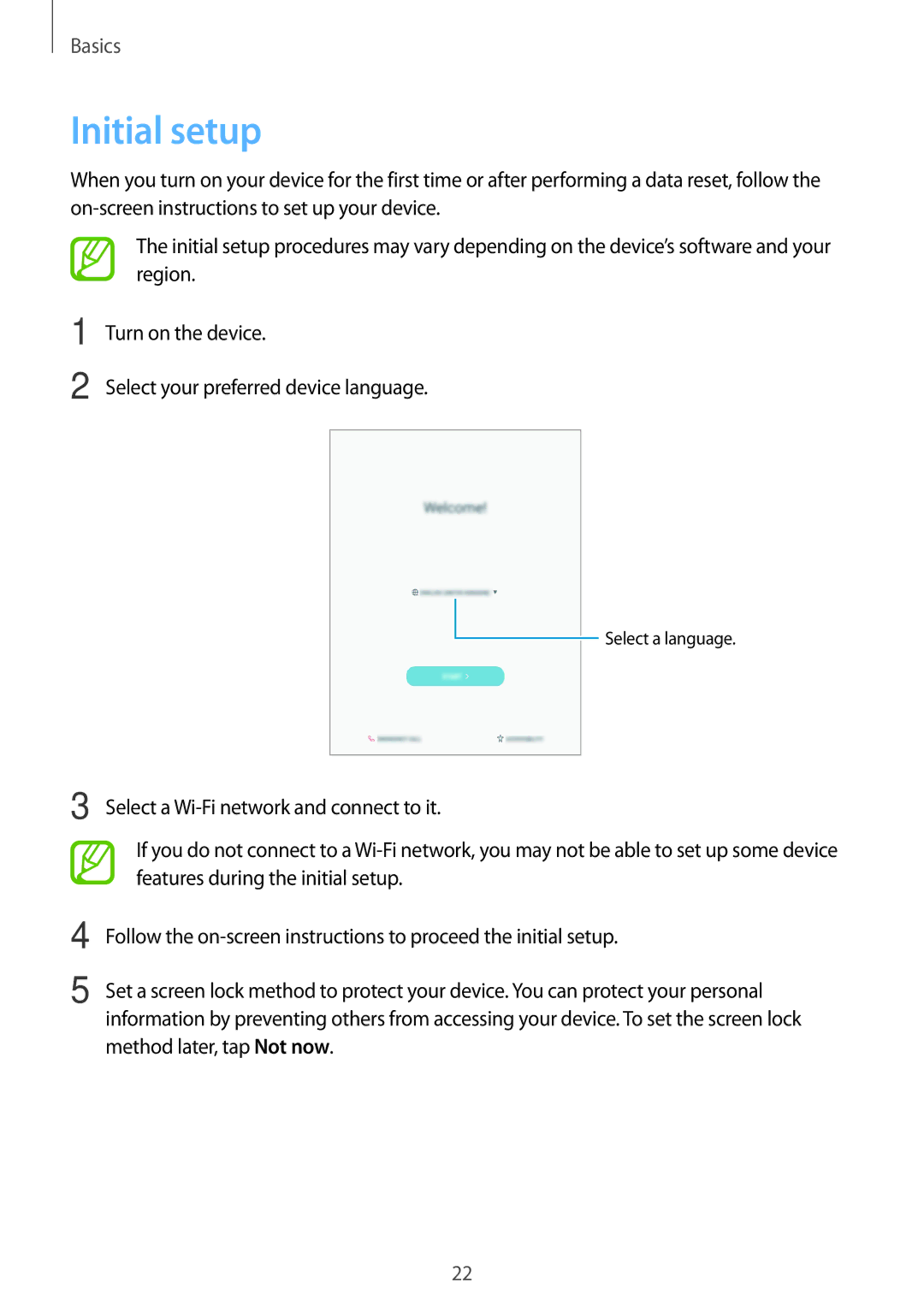 Samsung SM-T555NZWAITV, SM-T555NZKAAUT, SM-T555NZKAATO, SM-T555NZKASEB, SM-T555NZKATPH, SM-T555NZWAATO manual Initial setup 