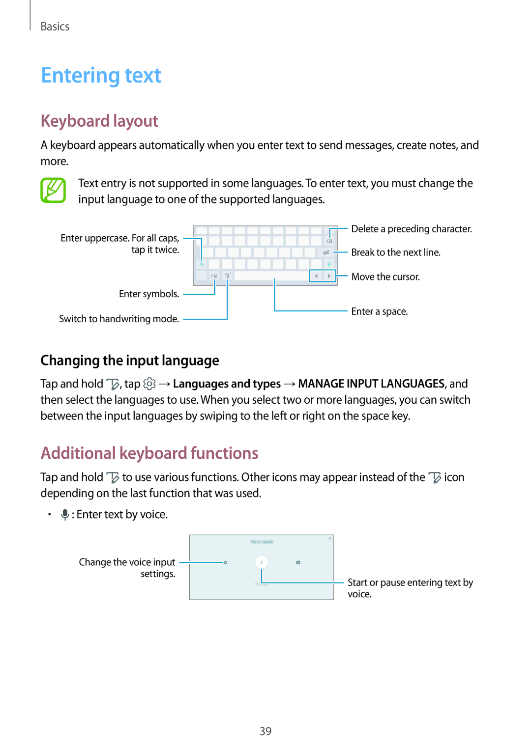 Samsung SM-T555NZWAXSK manual Entering text, Keyboard layout, Additional keyboard functions, Changing the input language 