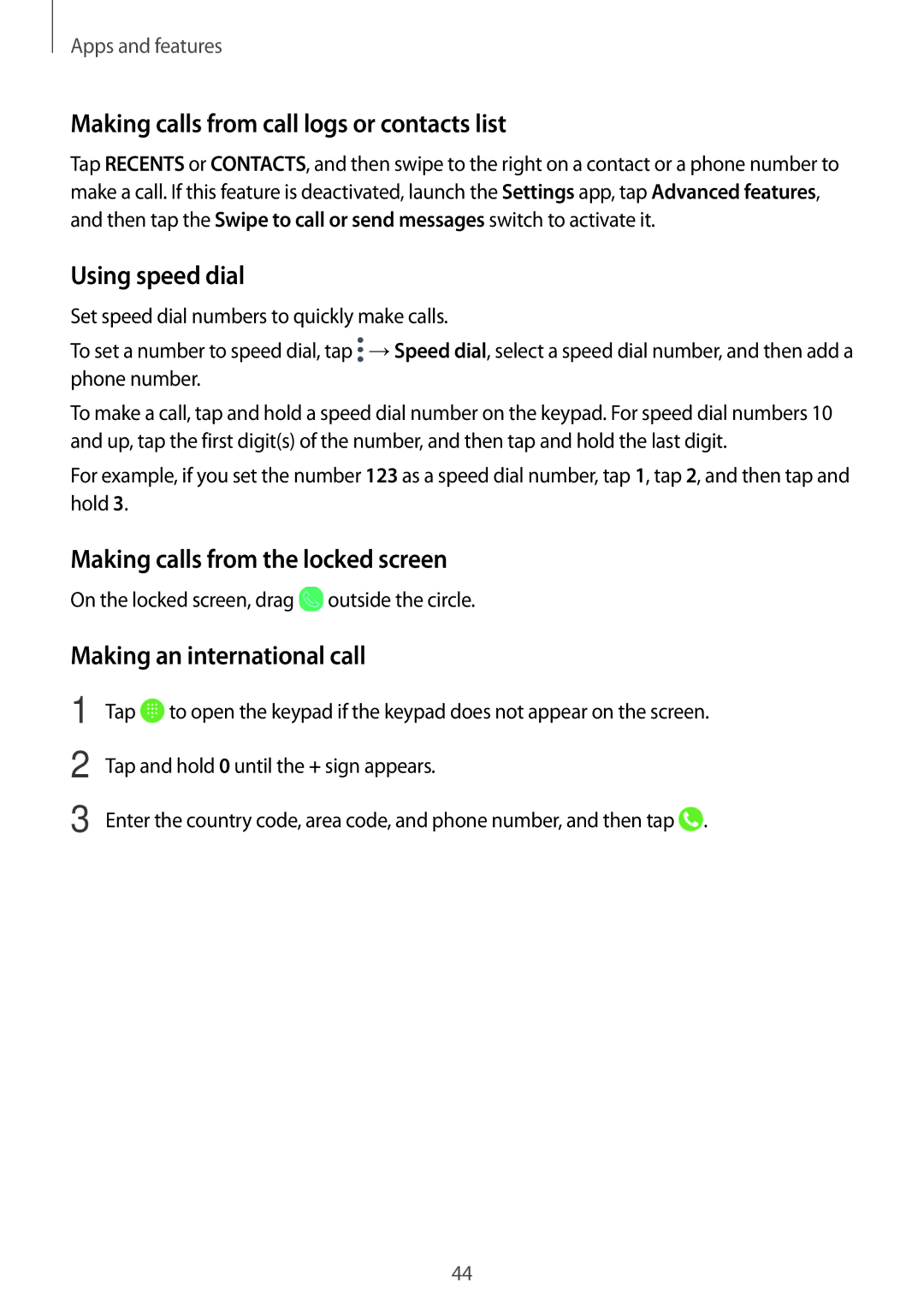 Samsung SM-T555NZWAXEZ Making calls from call logs or contacts list, Using speed dial, Making calls from the locked screen 