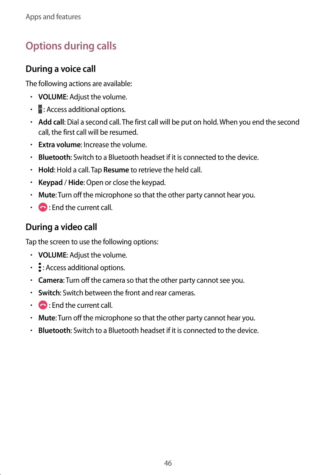 Samsung SM-T555NZKAO2C, SM-T555NZKAAUT, SM-T555NZKAATO manual Options during calls, During a voice call, During a video call 