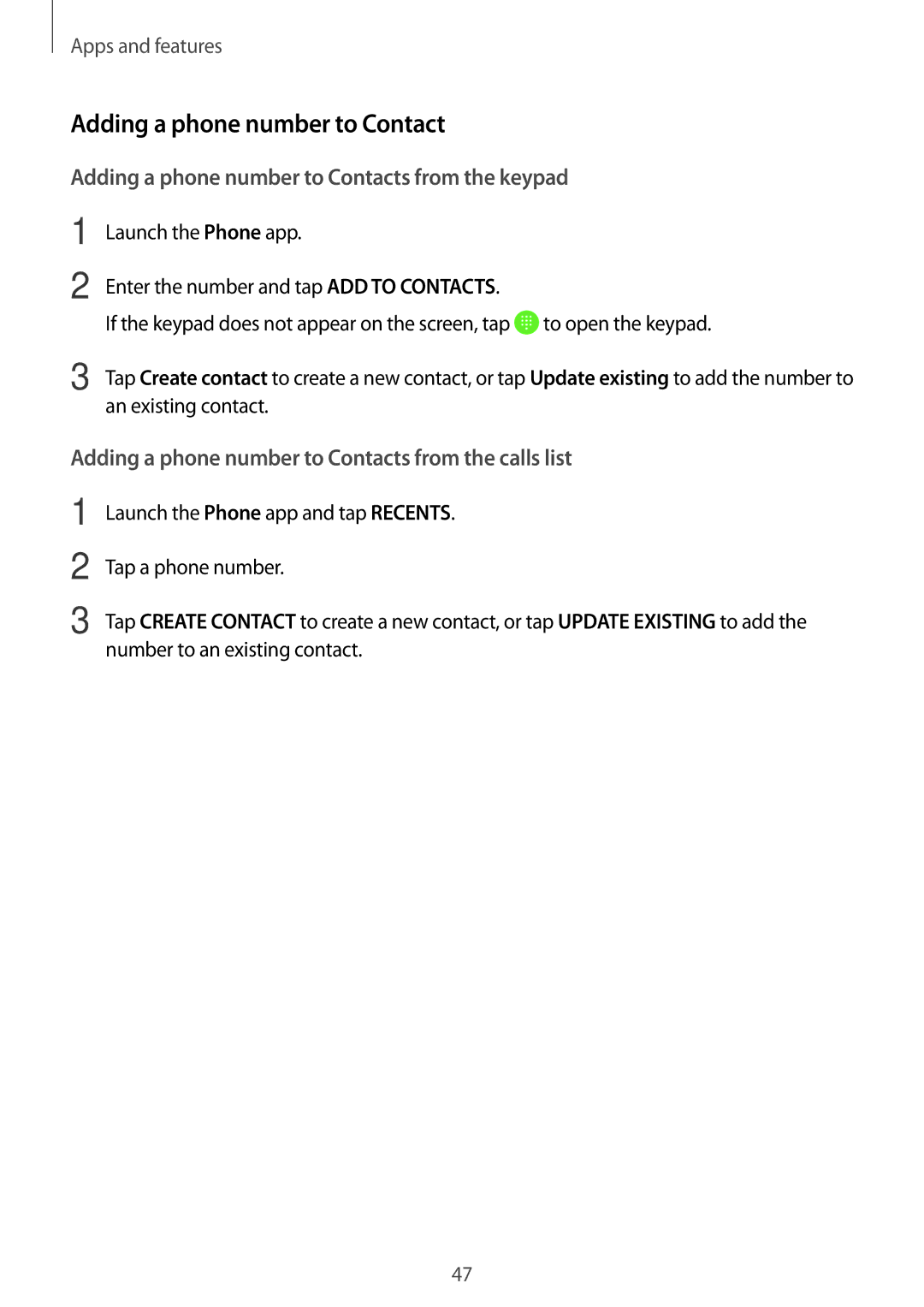 Samsung SM2T555NZKAVDC, SM-T555NZKAAUT, SM-T555NZKAATO, SM-T555NZKASEB Adding a phone number to Contacts from the keypad 