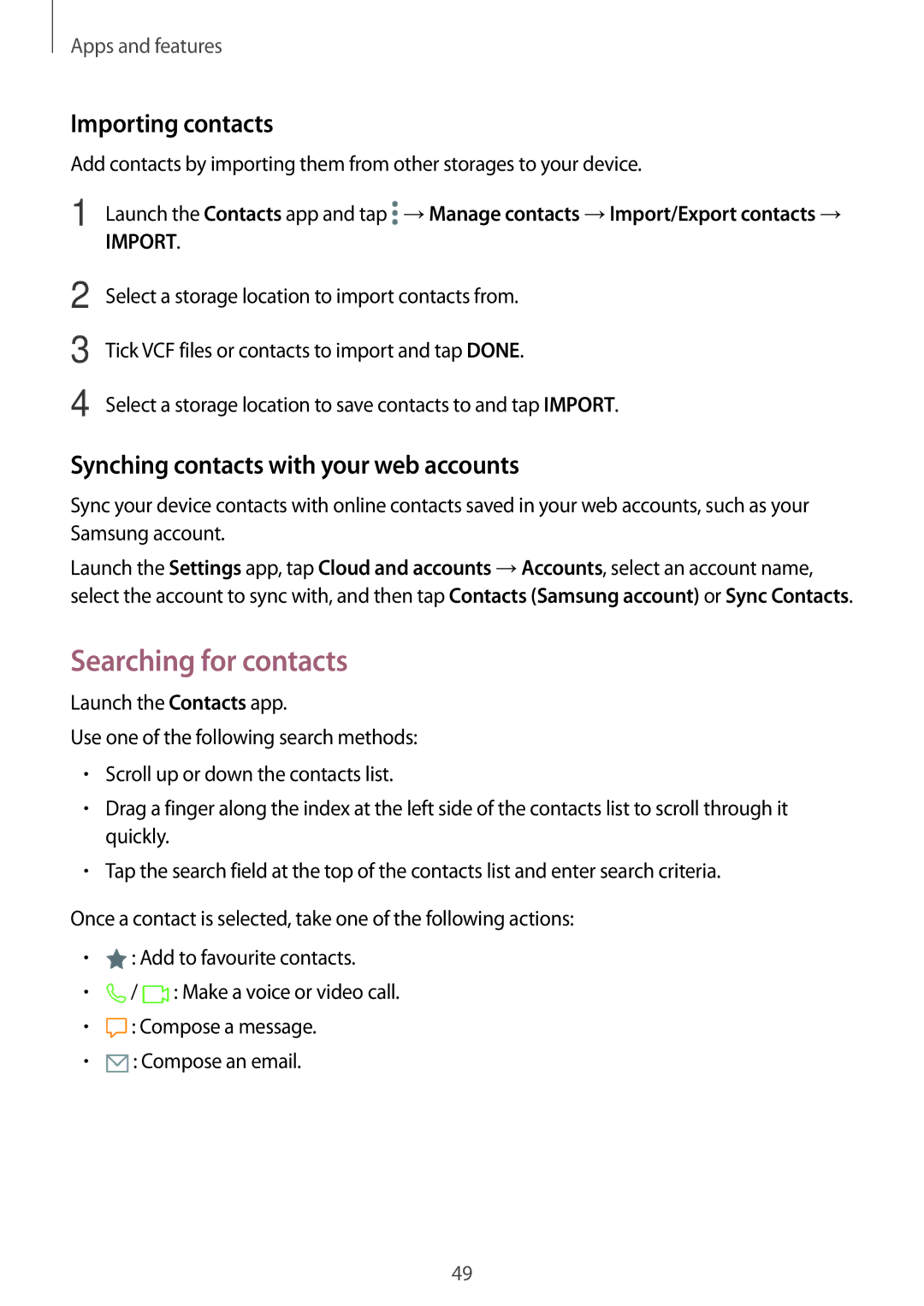 Samsung SM-T555NZWAXEH manual Searching for contacts, Importing contacts, Synching contacts with your web accounts 