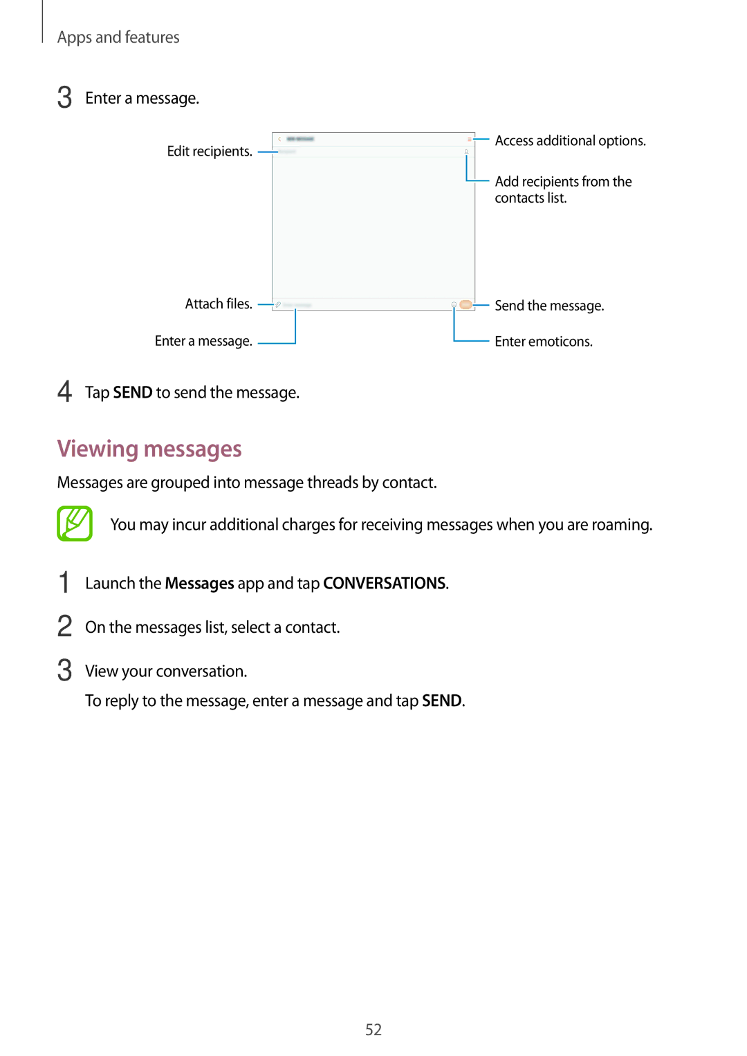 Samsung SM2T555NZWATMZ, SM-T555NZKAAUT, SM-T555NZKAATO, SM-T555NZKASEB, SM-T555NZKATPH manual Viewing messages, Enter a message 