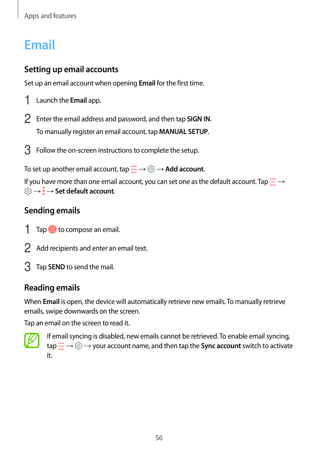 Samsung SM-T555NZWATMS, SM-T555NZKAAUT, SM-T555NZKAATO manual Setting up email accounts, Sending emails, Reading emails 