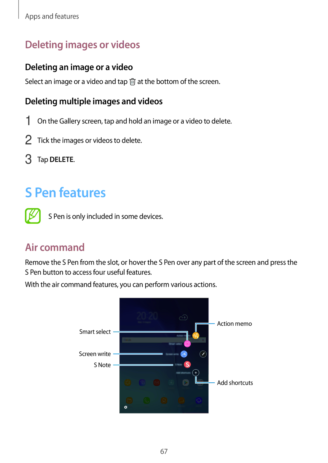 Samsung SM-T555NZKASEB, SM-T555NZKAAUT Pen features, Deleting images or videos, Air command, Deleting an image or a video 