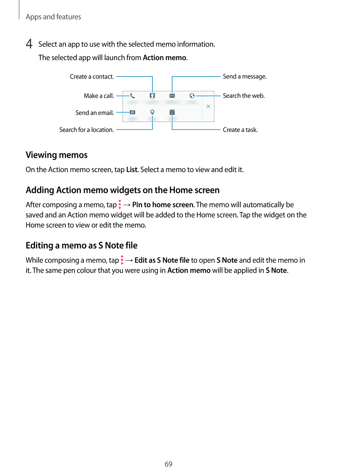 Samsung SM-T555NZWAATO manual Viewing memos, Adding Action memo widgets on the Home screen, Editing a memo as S Note file 