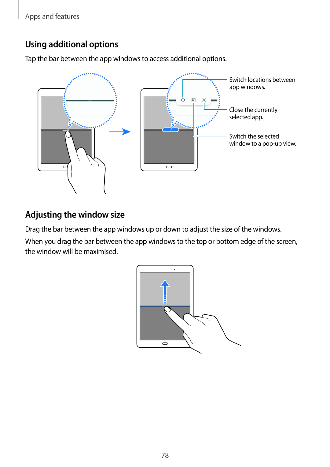 Samsung SM-T555NZWADBT, SM-T555NZKAAUT, SM-T555NZKAATO, SM-T555NZKASEB Using additional options, Adjusting the window size 