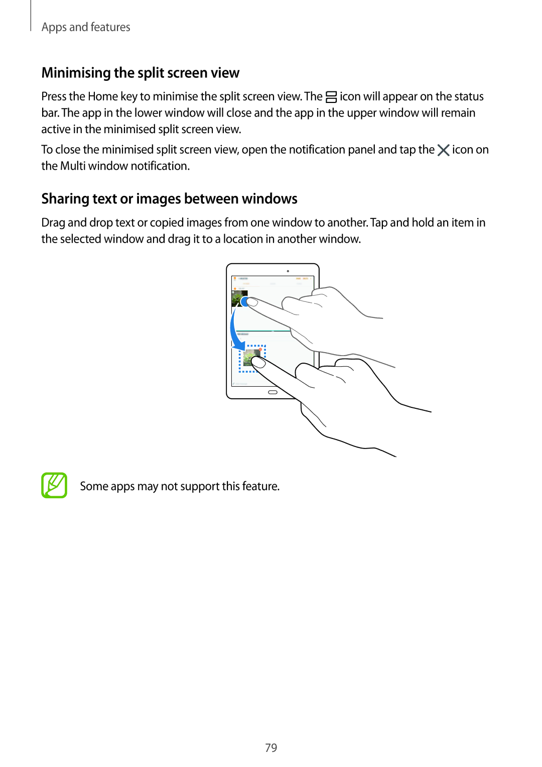 Samsung SM-T555NZKATCL, SM-T555NZKAAUT manual Minimising the split screen view, Sharing text or images between windows 