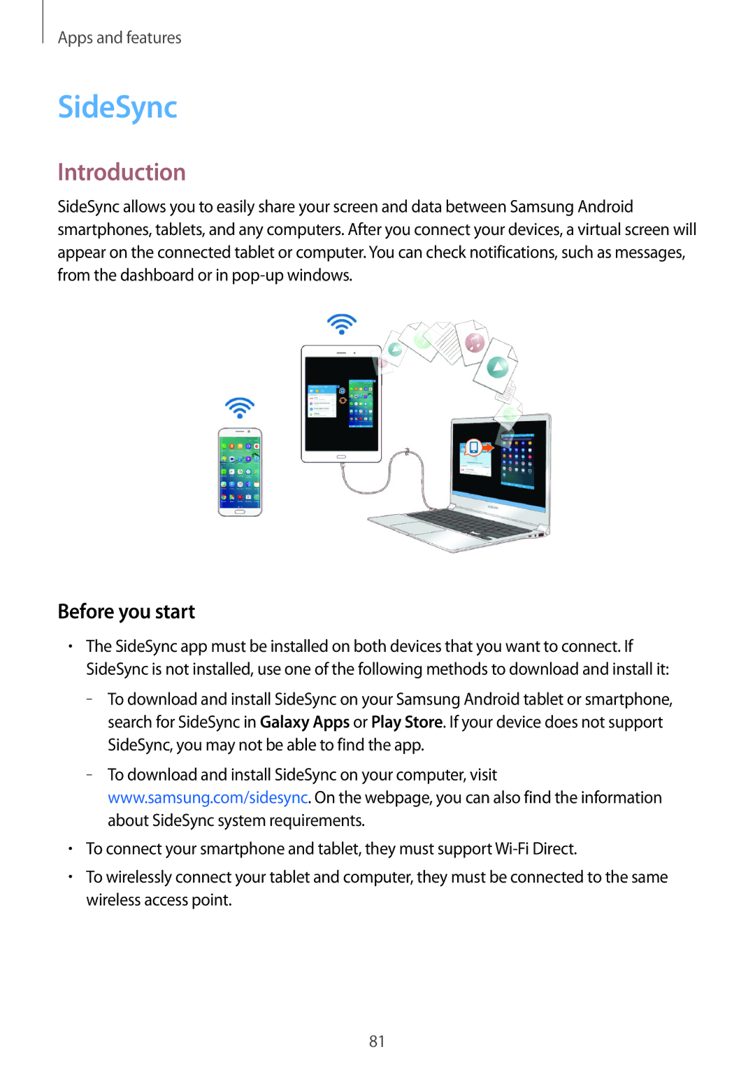 Samsung SM-T555NZKABTU, SM-T555NZKAAUT, SM-T555NZKAATO, SM-T555NZKASEB, SM-T555NZKATPH manual SideSync, Before you start 