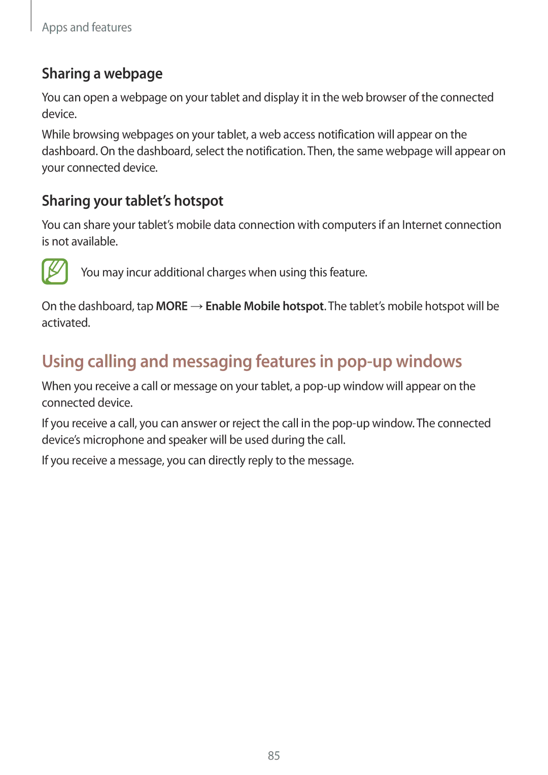 Samsung SM-T555NZAAITV, SM-T555NZKAAUT, SM-T555NZKAATO, SM-T555NZKASEB manual Sharing a webpage, Sharing your tablet’s hotspot 