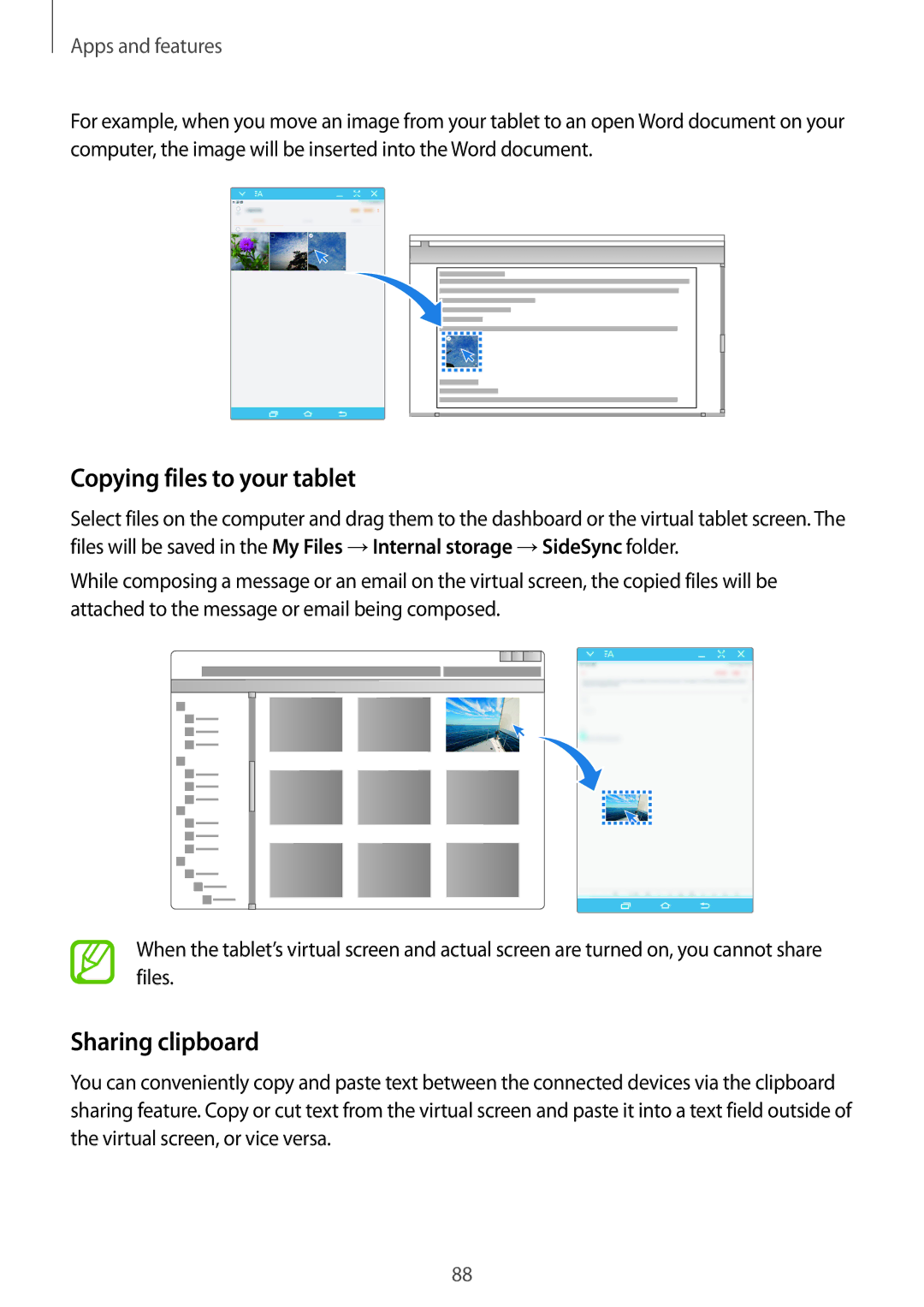 Samsung SM-T555NZWAWIN, SM-T555NZKAAUT, SM-T555NZKAATO, SM-T555NZKASEB manual Copying files to your tablet, Sharing clipboard 