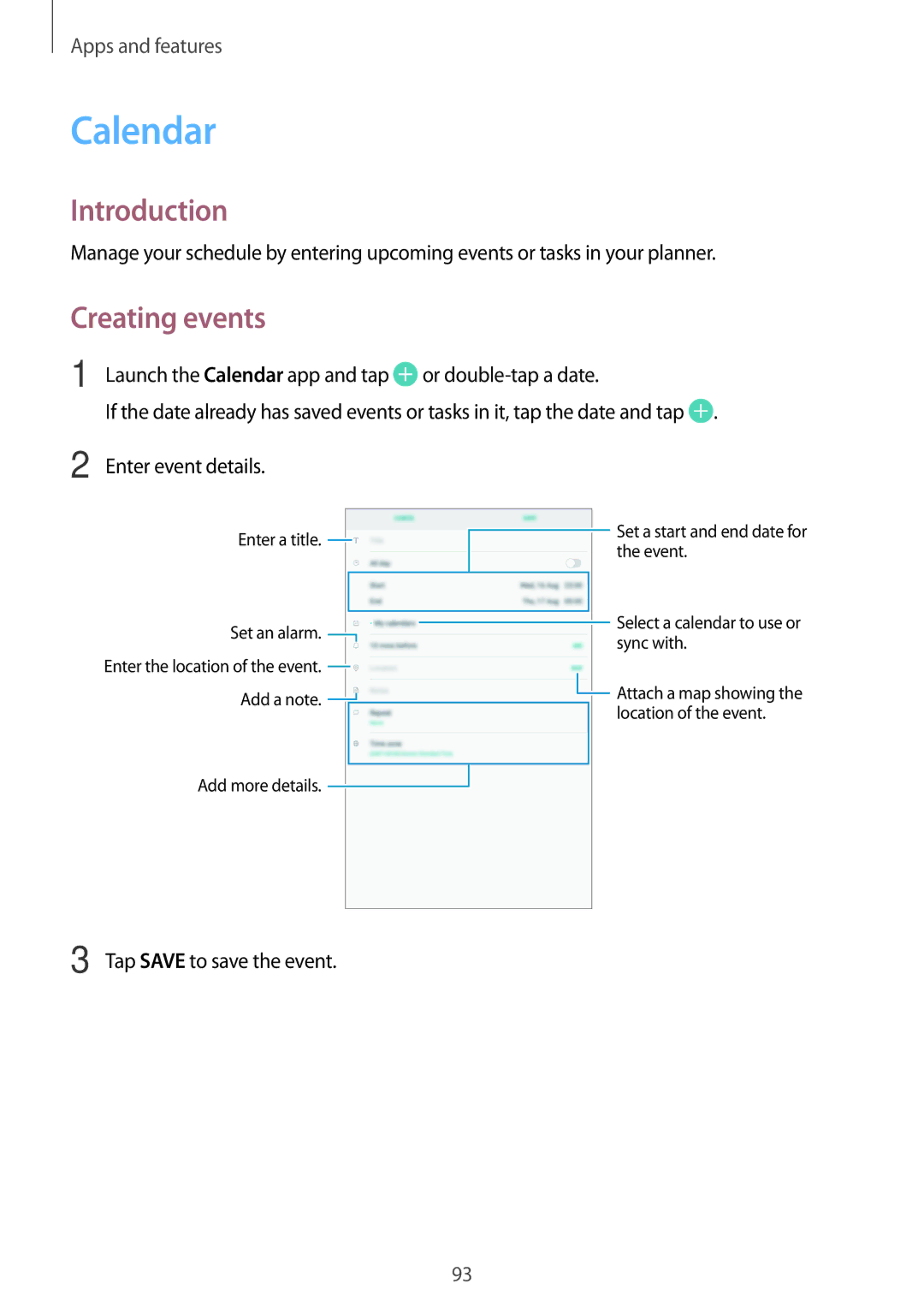 Samsung SM-T555NZWAPHE, SM-T555NZKAAUT, SM-T555NZKAATO, SM-T555NZKASEB, SM-T555NZKATPH manual Calendar, Creating events 