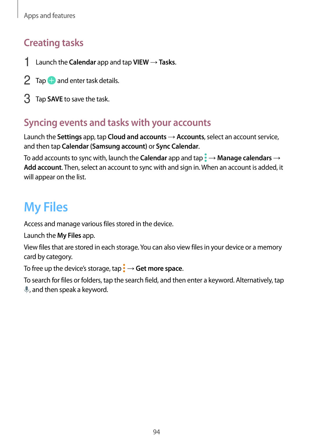 Samsung SM-P555NZWAKSA, SM-T555NZKAAUT manual My Files, Creating tasks, Syncing events and tasks with your accounts 