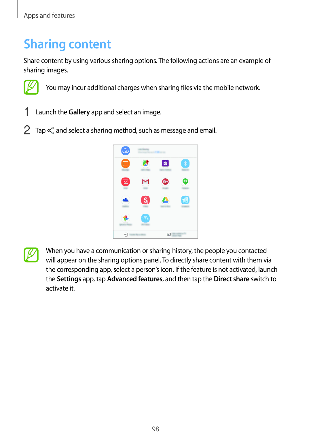 Samsung SM-P555NZWAXXV, SM-T555NZKAAUT, SM-T555NZKAATO, SM-T555NZKASEB, SM-T555NZKATPH, SM-T555NZWAATO manual Sharing content 