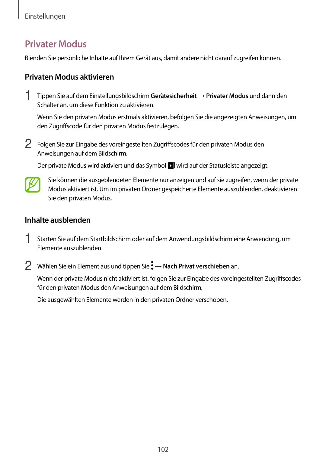 Samsung SM-T555NZKADDE, SM-T555NZKAAUT, SM-T555NZKAATO manual Privater Modus, Privaten Modus aktivieren, Inhalte ausblenden 