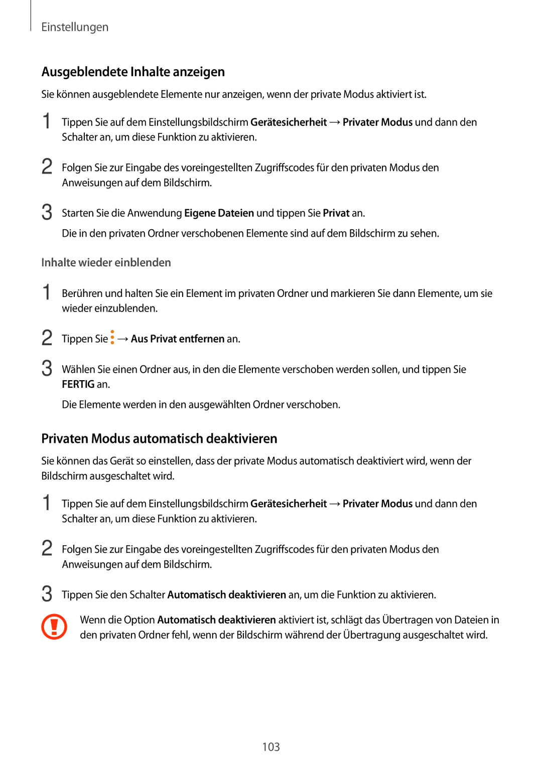 Samsung SM-T555NZKADBT, SM-T555NZKAAUT manual Ausgeblendete Inhalte anzeigen, Privaten Modus automatisch deaktivieren 