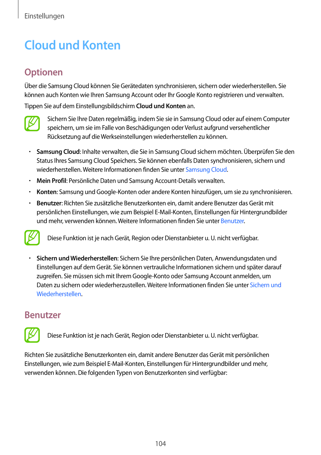 Samsung SM-T555NZWATPH, SM-T555NZKAAUT, SM-T555NZKAATO, SM-T555NZKASEB, SM-T555NZKATPH manual Cloud und Konten, Benutzer 