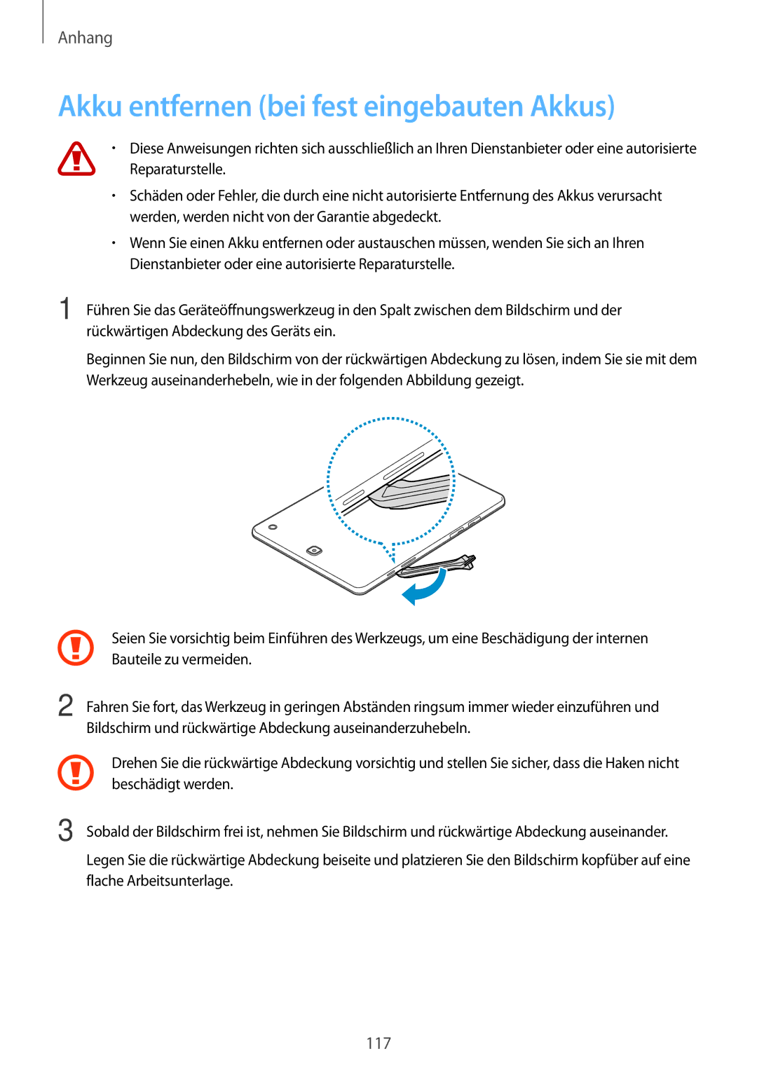 Samsung SM-T555NZKATPH, SM-T555NZKAAUT, SM-T555NZKAATO, SM-T555NZKASEB manual Akku entfernen bei fest eingebauten Akkus 