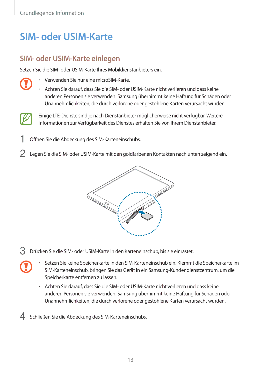 Samsung SM-T555NZWADBT manual SIM- oder USIM-Karte einlegen, Schließen Sie die Abdeckung des SIM-Karteneinschubs 