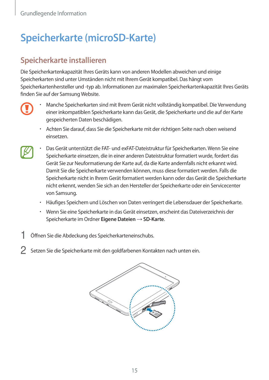 Samsung SM-T555NZWASEB, SM-T555NZKAAUT, SM-T555NZKAATO manual Speicherkarte microSD-Karte, Speicherkarte installieren 