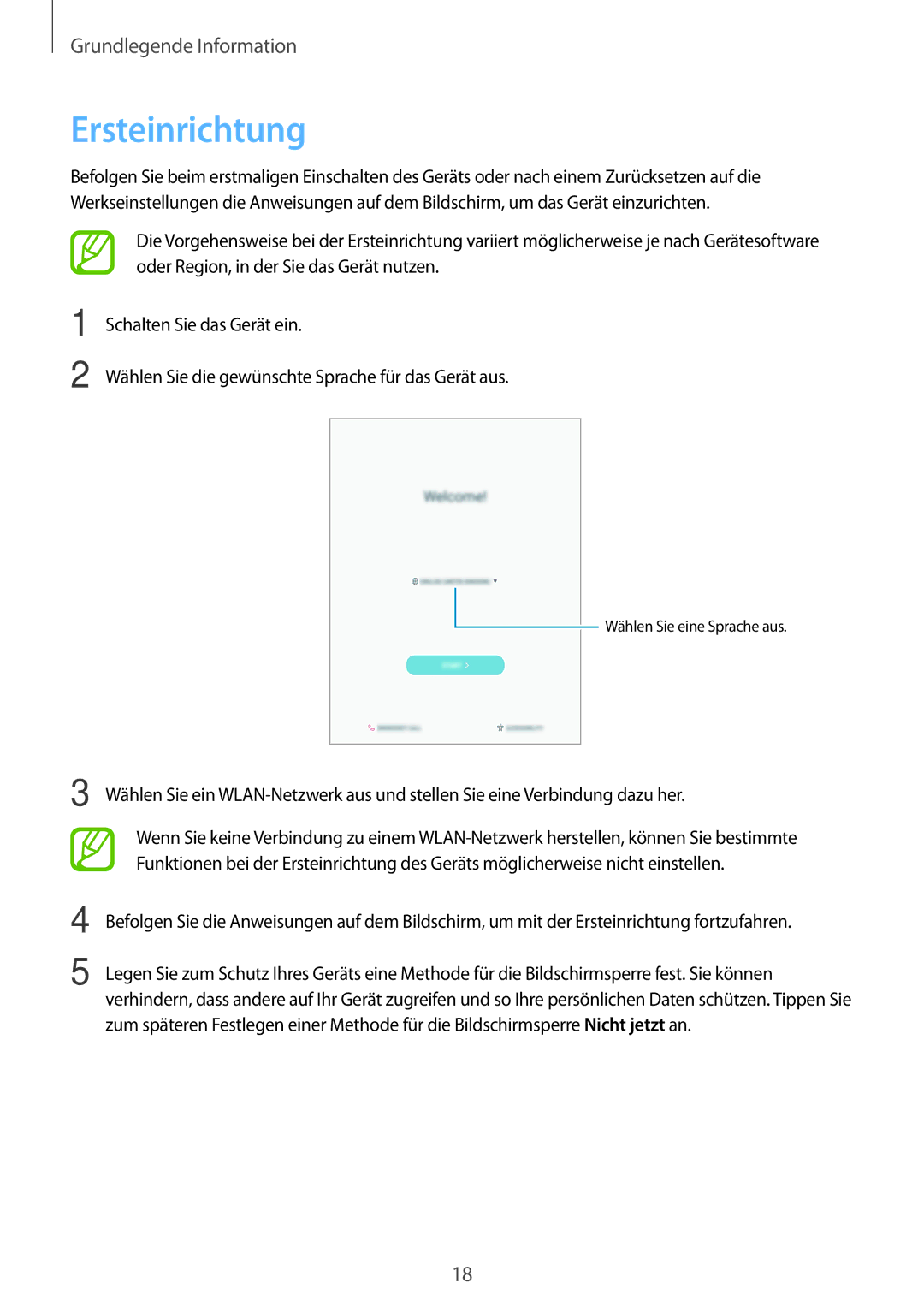 Samsung SM-T555NZWAXEF, SM-T555NZKAAUT, SM-T555NZKAATO, SM-T555NZKASEB, SM-T555NZKATPH, SM-T555NZWAATO manual Ersteinrichtung 