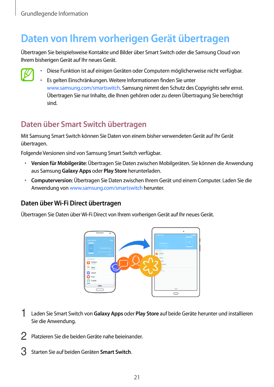 Samsung SM-T555NZKASEB, SM-T555NZKAAUT Daten von Ihrem vorherigen Gerät übertragen, Daten über Smart Switch übertragen 