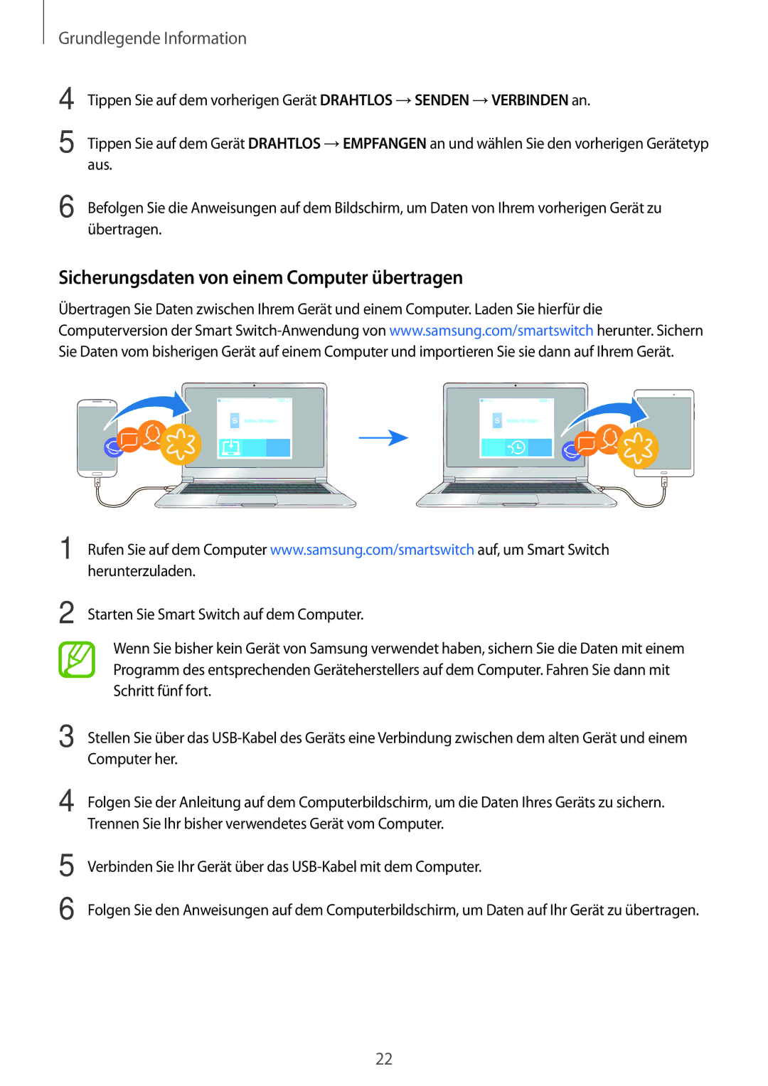 Samsung SM-T555NZKATPH, SM-T555NZKAAUT, SM-T555NZKAATO, SM-T555NZKASEB manual Sicherungsdaten von einem Computer übertragen 