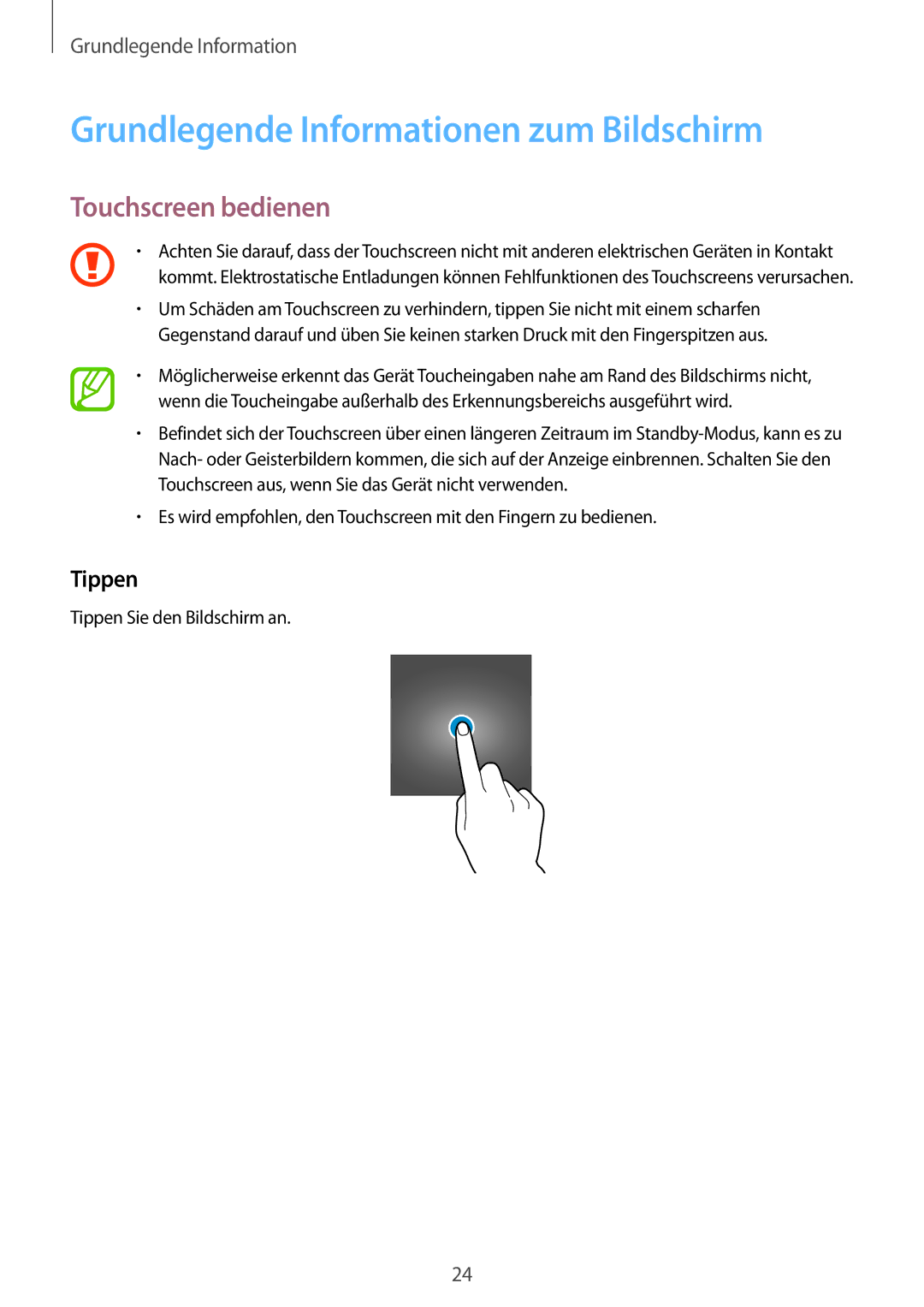 Samsung SM-T555NZWAEUR, SM-T555NZKAAUT manual Grundlegende Informationen zum Bildschirm, Touchscreen bedienen, Tippen 