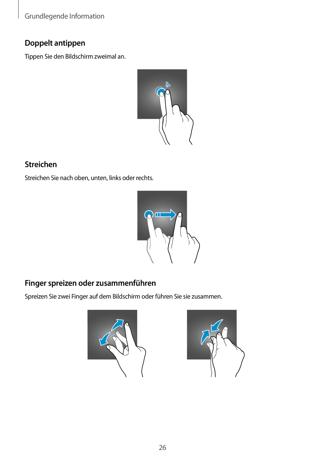 Samsung SM-T555NZKADDE, SM-T555NZKAAUT, SM-T555NZKAATO Doppelt antippen, Streichen, Finger spreizen oder zusammenführen 