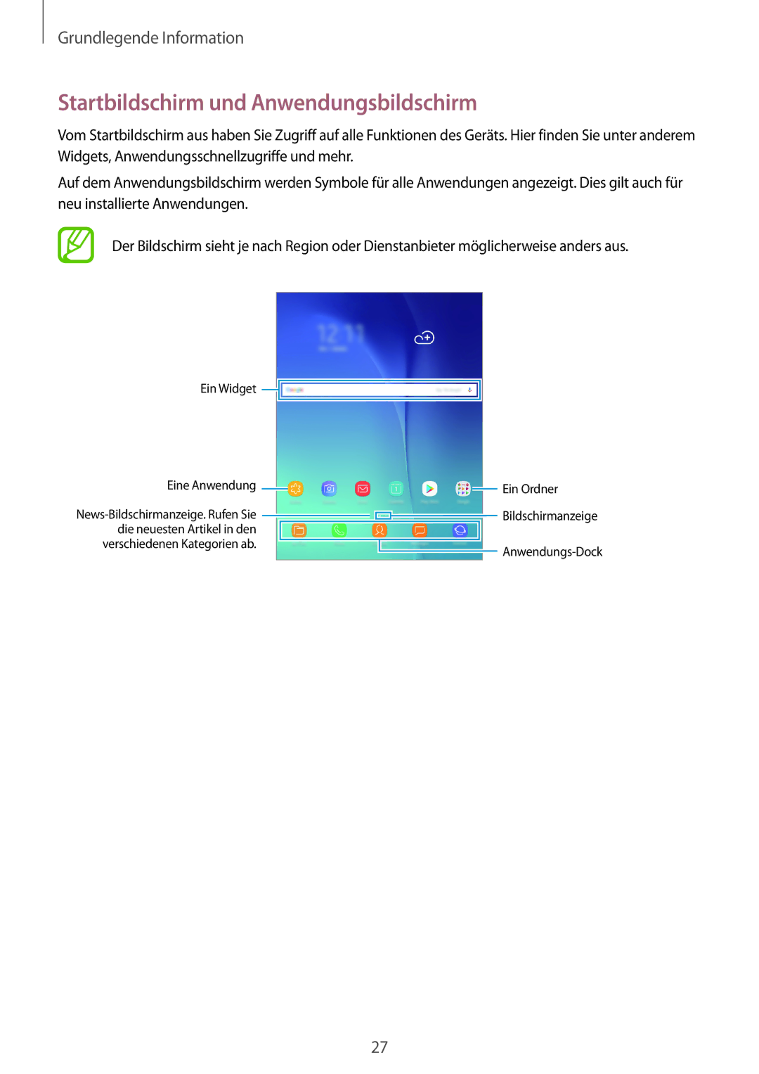 Samsung SM-T555NZKADBT, SM-T555NZKAAUT, SM-T555NZKAATO, SM-T555NZKASEB manual Startbildschirm und Anwendungsbildschirm 