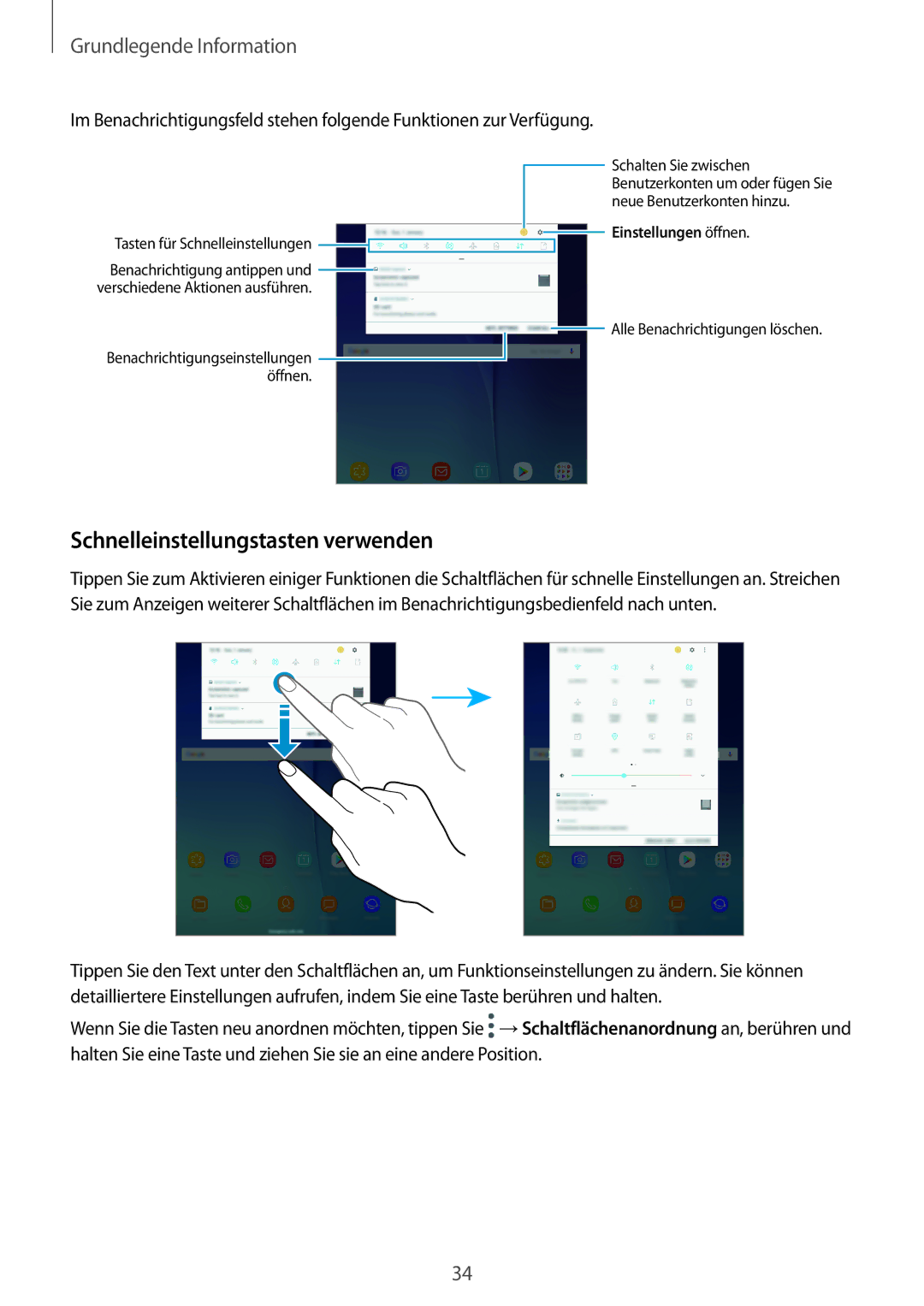 Samsung SM-T555NZWASEB, SM-T555NZKAAUT, SM-T555NZKAATO Schnelleinstellungstasten verwenden, Tasten für Schnelleinstellungen 