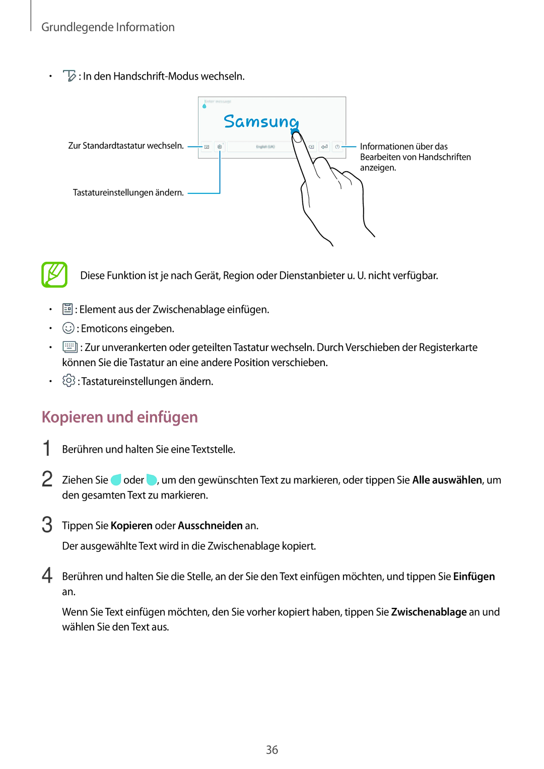 Samsung SM-T555NZWACOS Kopieren und einfügen, Den Handschrift-Modus wechseln, Tippen Sie Kopieren oder Ausschneiden an 