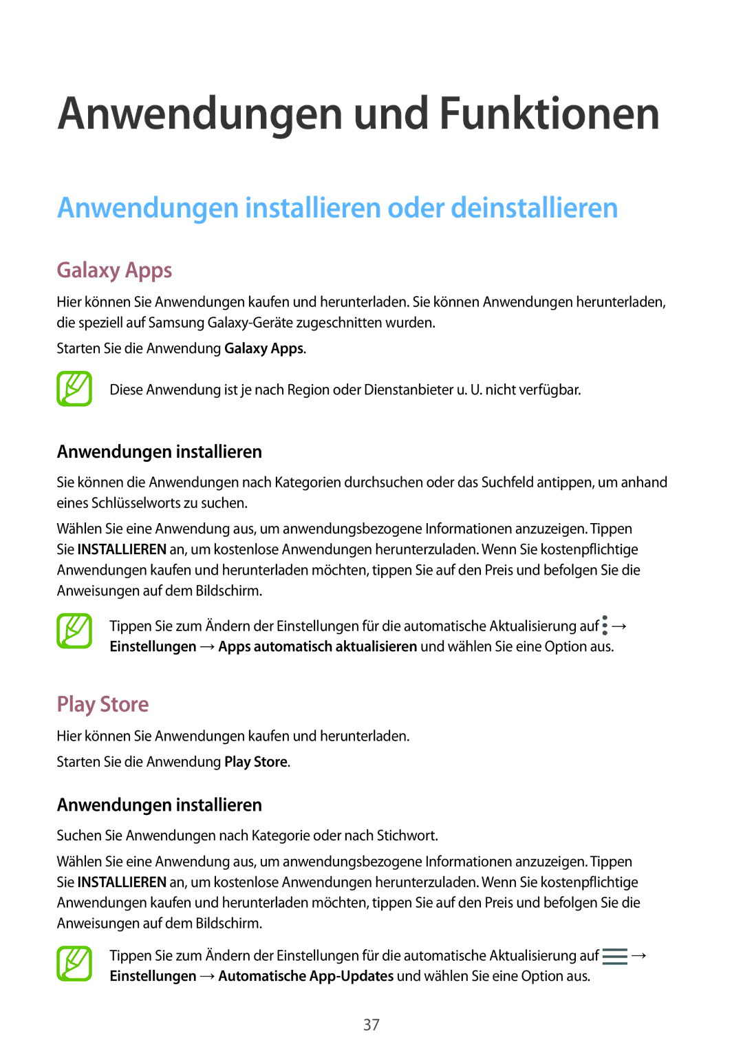 Samsung SM-T555NZWAXEF, SM-T555NZKAAUT manual Anwendungen installieren oder deinstallieren, Galaxy Apps, Play Store 