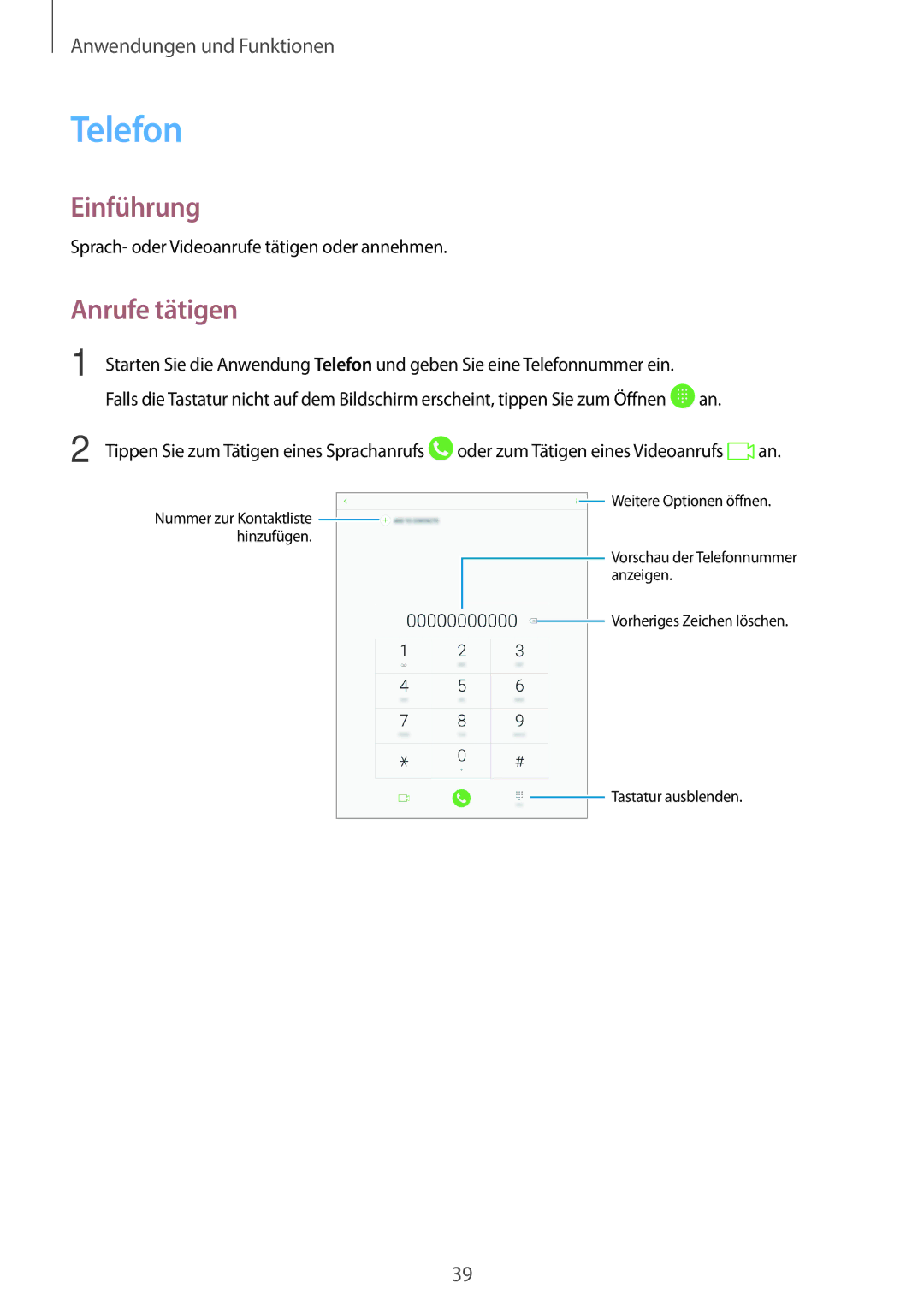 Samsung SM-T555NZKAATO, SM-T555NZKAAUT manual Telefon, Anrufe tätigen, Sprach- oder Videoanrufe tätigen oder annehmen 